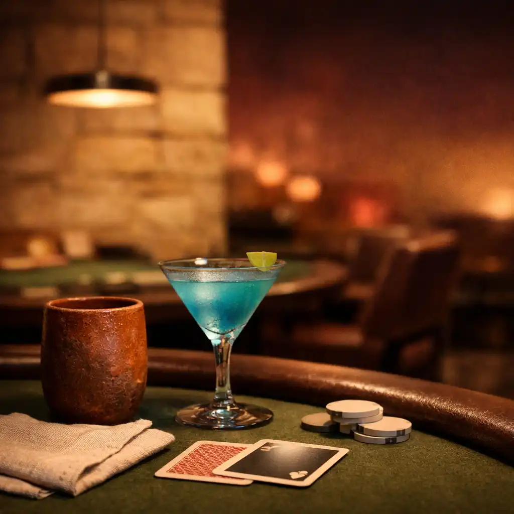 A mineral-blue glass cocktail, rust ceramic and physical cards on olive felt at the edge of a softly lit poker table.