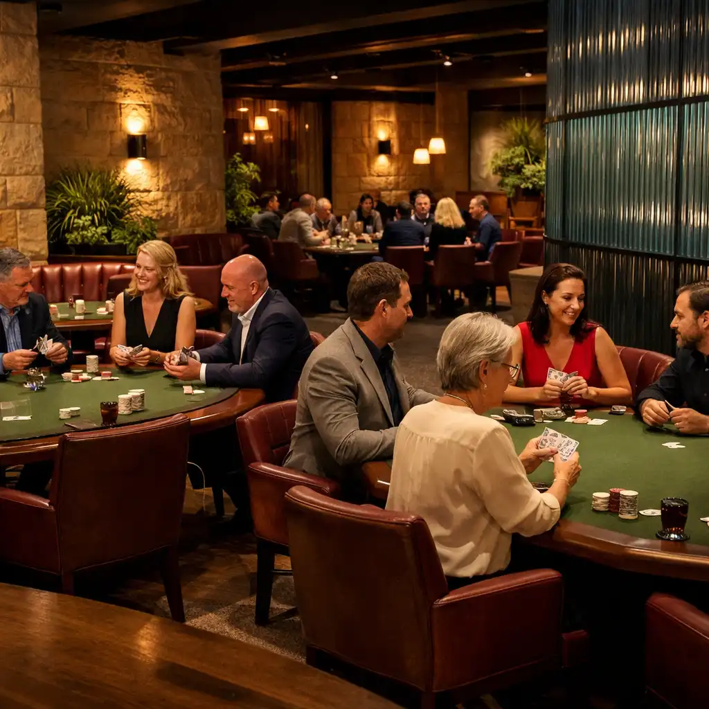 Guests seated around several physical poker tables in the softly lit Jogo Dourado Card Lounge, Adelaide.
