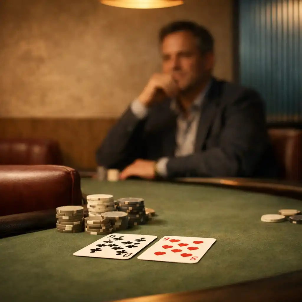 Olive felt, physical cards and a merlot leather chair at a softly lit poker table in the Jogo Dourado Card Lounge.