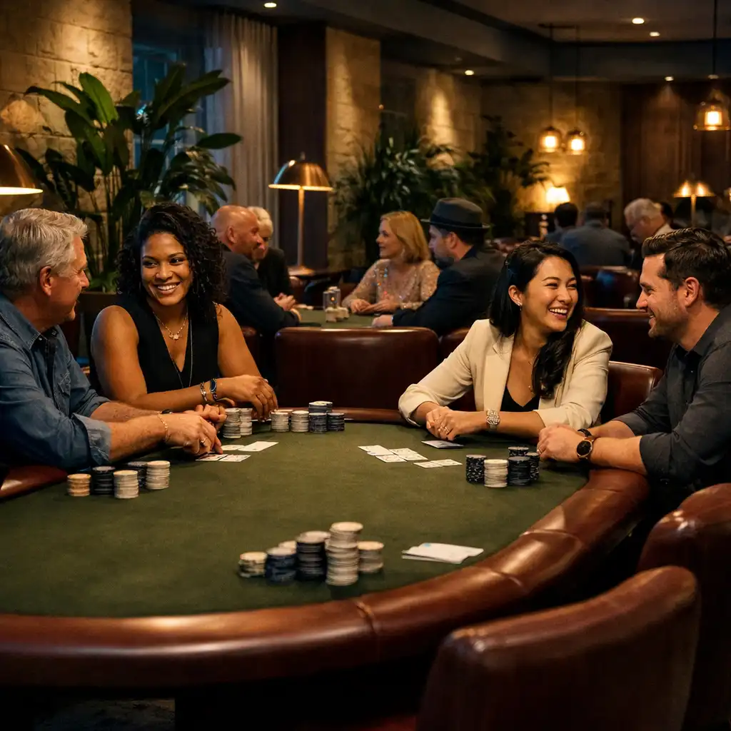 Guests seated around several complete physical poker tables in the softly lit Jogo Dourado Card Lounge, Adelaide.