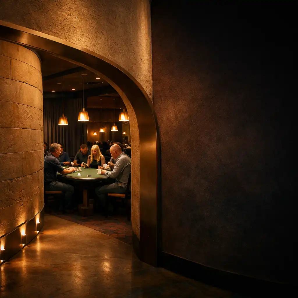 Curved sandstone passage opening toward softly lit physical poker tables in the Jogo Dourado Card Lounge.