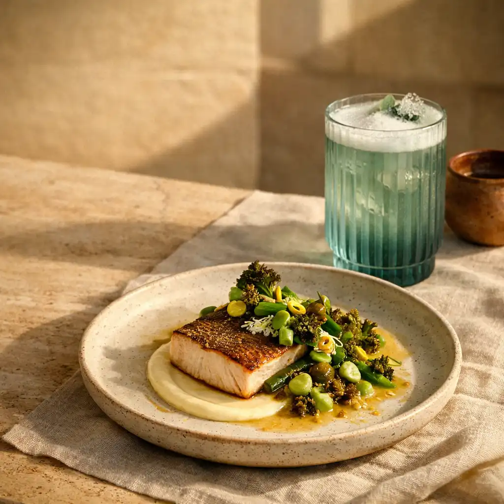 A refined contemporary Australian dish with a mineral-blue glass cocktail on warm stoneware and linen.
