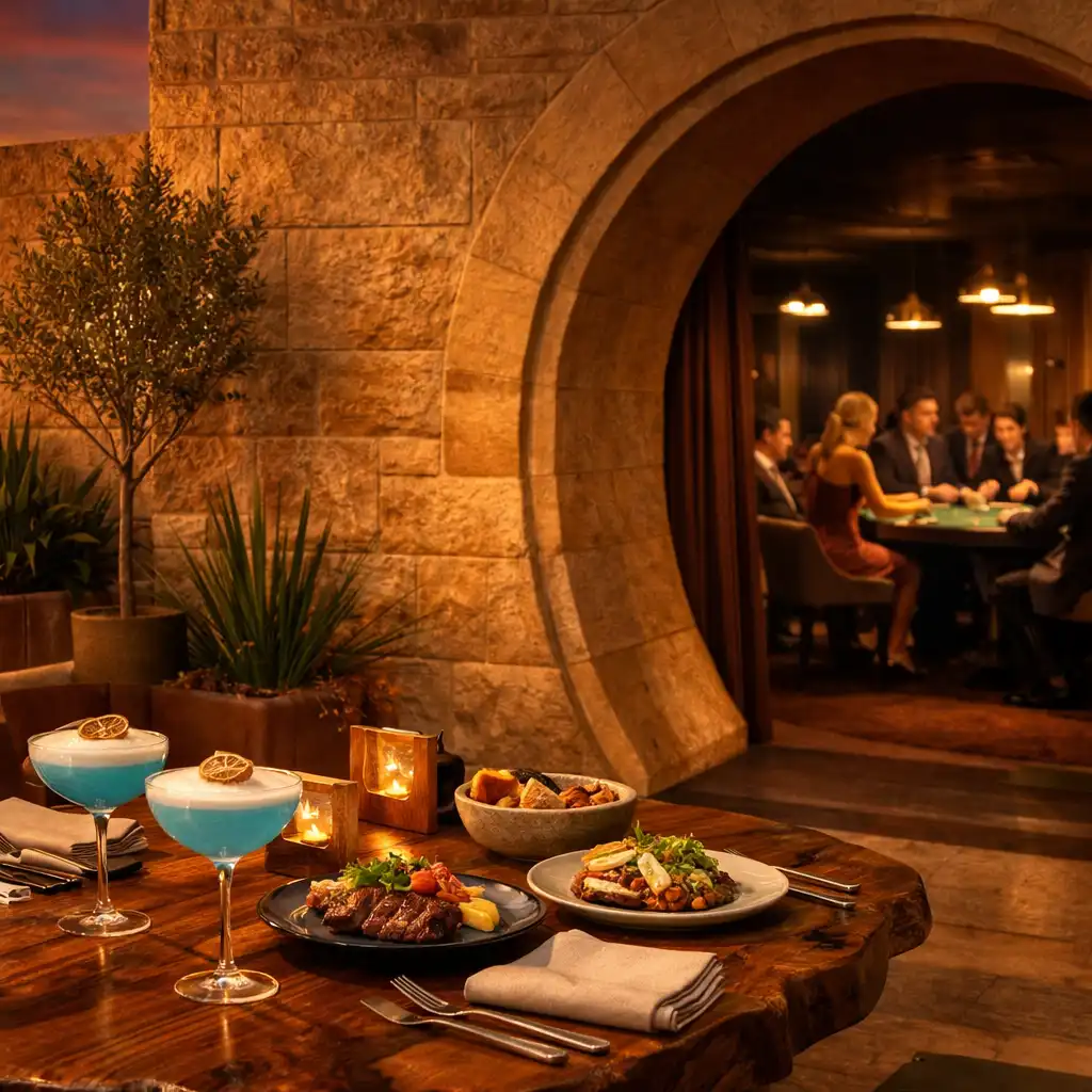 Warm sandstone terrace dining leading through a curved passage to guests at physical poker tables in the Jogo Dourado Card Lounge.