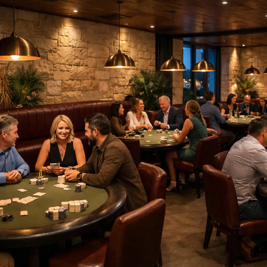 Guests seated around several physical poker tables in the softly lit Jogo Dourado Card Lounge, Adelaide.