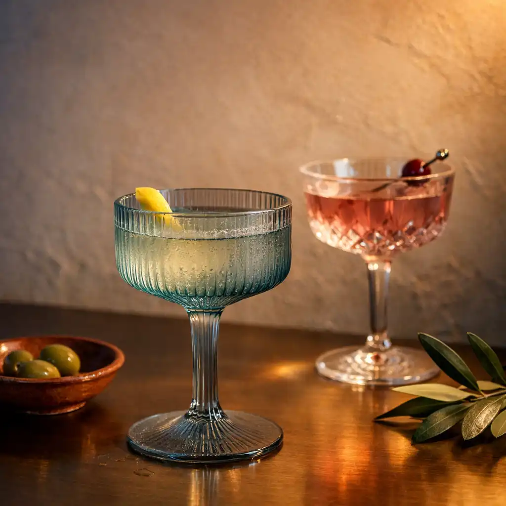 Two elegant cocktails in mineral-blue and clear ribbed glass on a brushed bronze bar at Jogo Dourado.