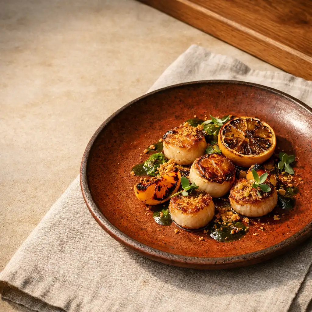 Seared scallop dish on rust-toned stoneware with charred citrus, linen and sandstone at Jogo Dourado.