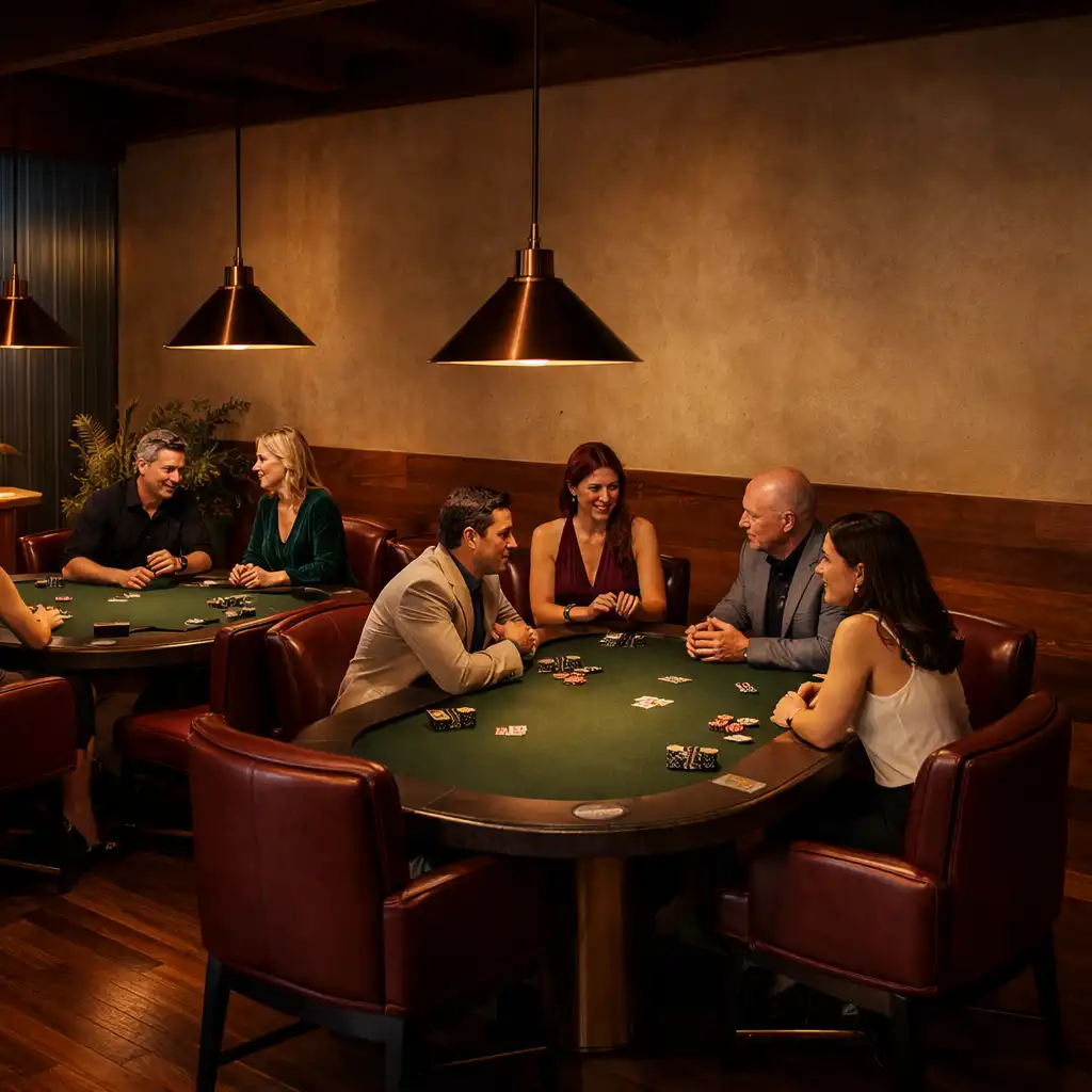 Guests seated around complete physical poker tables in the softly lit Jogo Dourado Card Lounge, Adelaide.