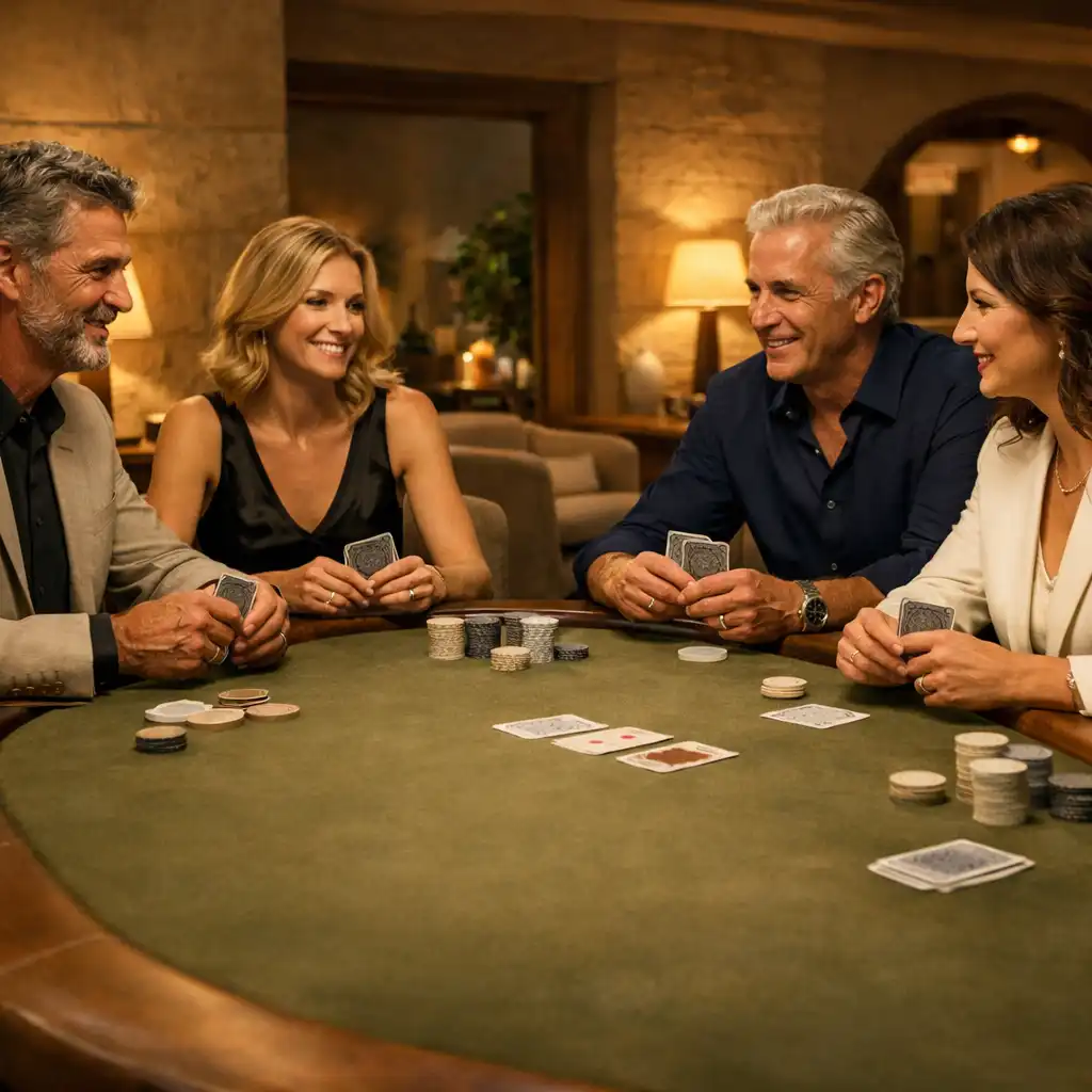Four adult guests seated face-to-face around a complete physical poker table in Jogo Dourado’s warm Card Lounge.