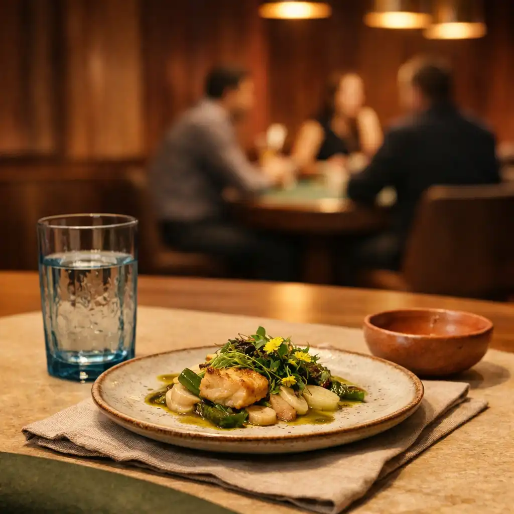 Stoneware, mineral-blue glass and linen on a dining table with a poker-table edge visible in the background.