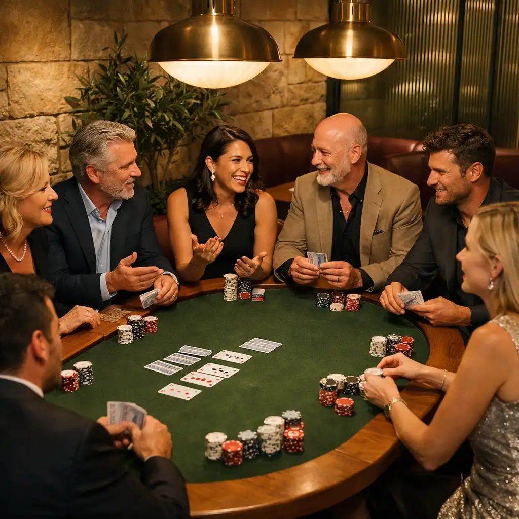 Guests gathering around a complete olive-felt physical poker table beneath pendant lighting in the Card Lounge.