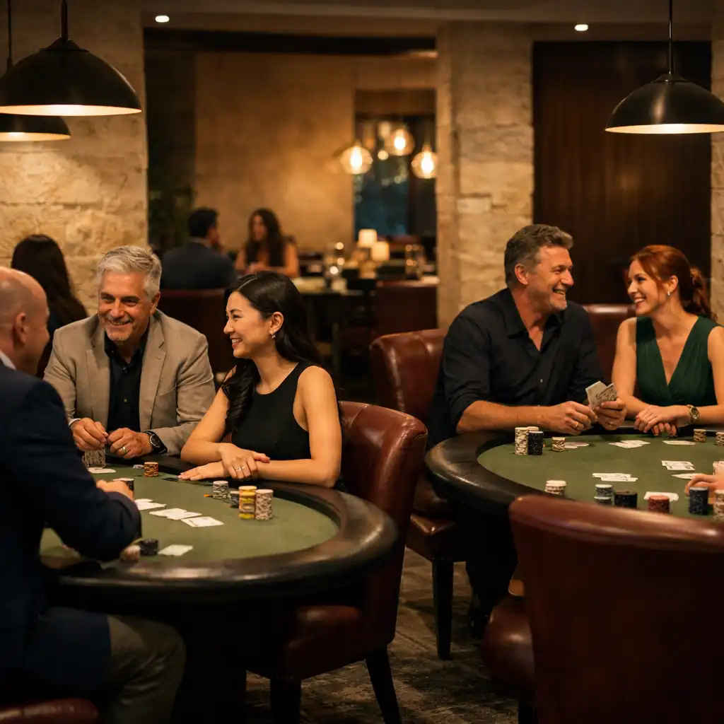 Guests seated face-to-face around complete olive-felt physical poker tables in the Jogo Dourado Card Lounge.