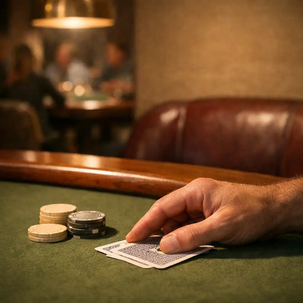A hand placing physical cards on olive-green felt beside a warm timber poker-table edge in the Card Lounge.