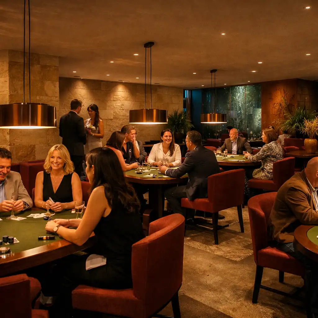 Several guests gathered around complete olive-felt physical poker tables in Jogo Dourado’s softly lit Card Lounge.