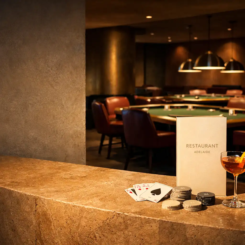 Sandstone reception counter with a menu and cocktail, looking towards illuminated physical poker tables in the Jogo Dourado Card Lounge.