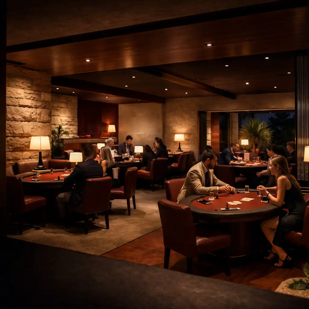 Wide view of illuminated physical poker tables and guests in Jogo Dourado’s desert-modern Card Lounge.