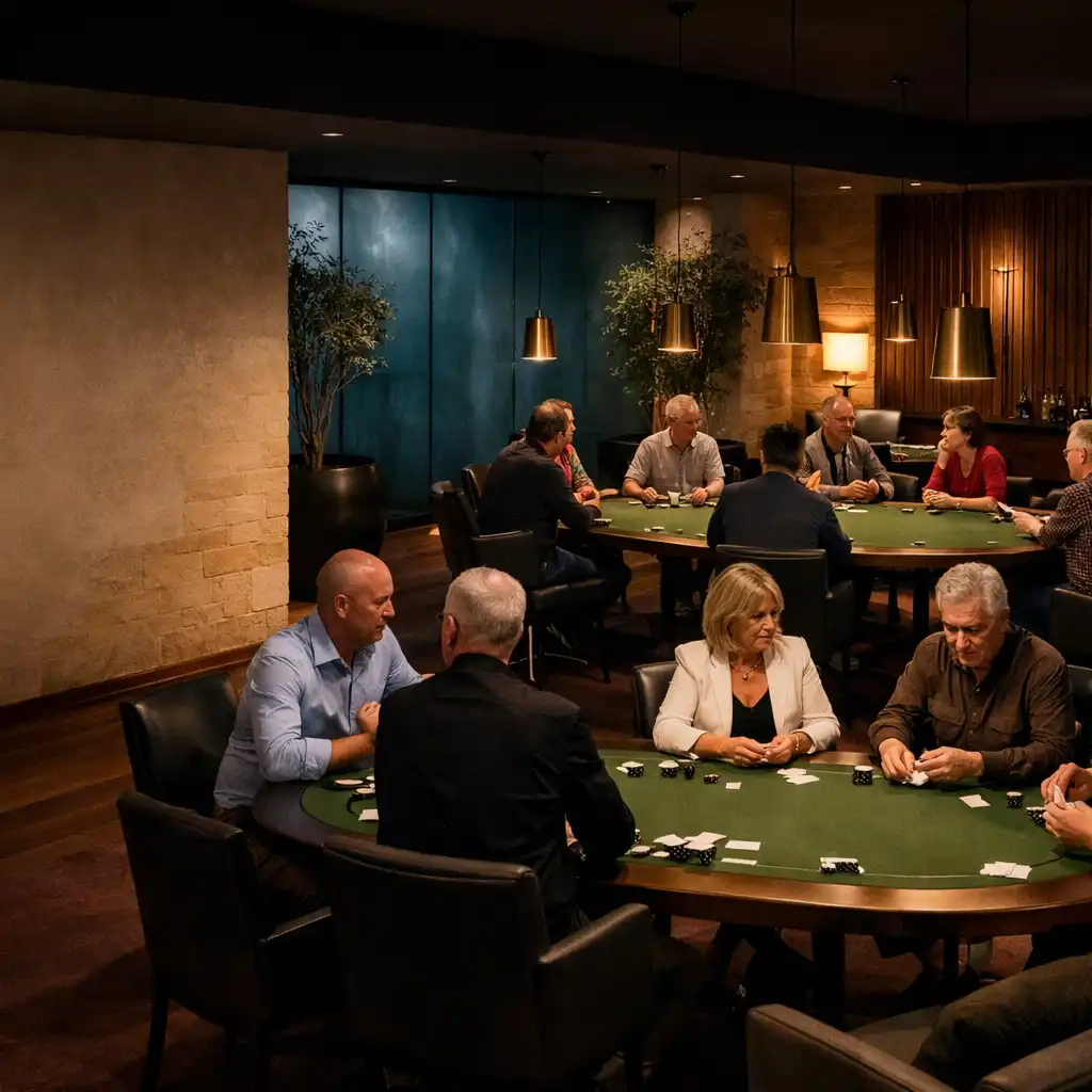 Guests seated around physical poker tables in the softly lit Jogo Dourado Card Lounge, Adelaide.