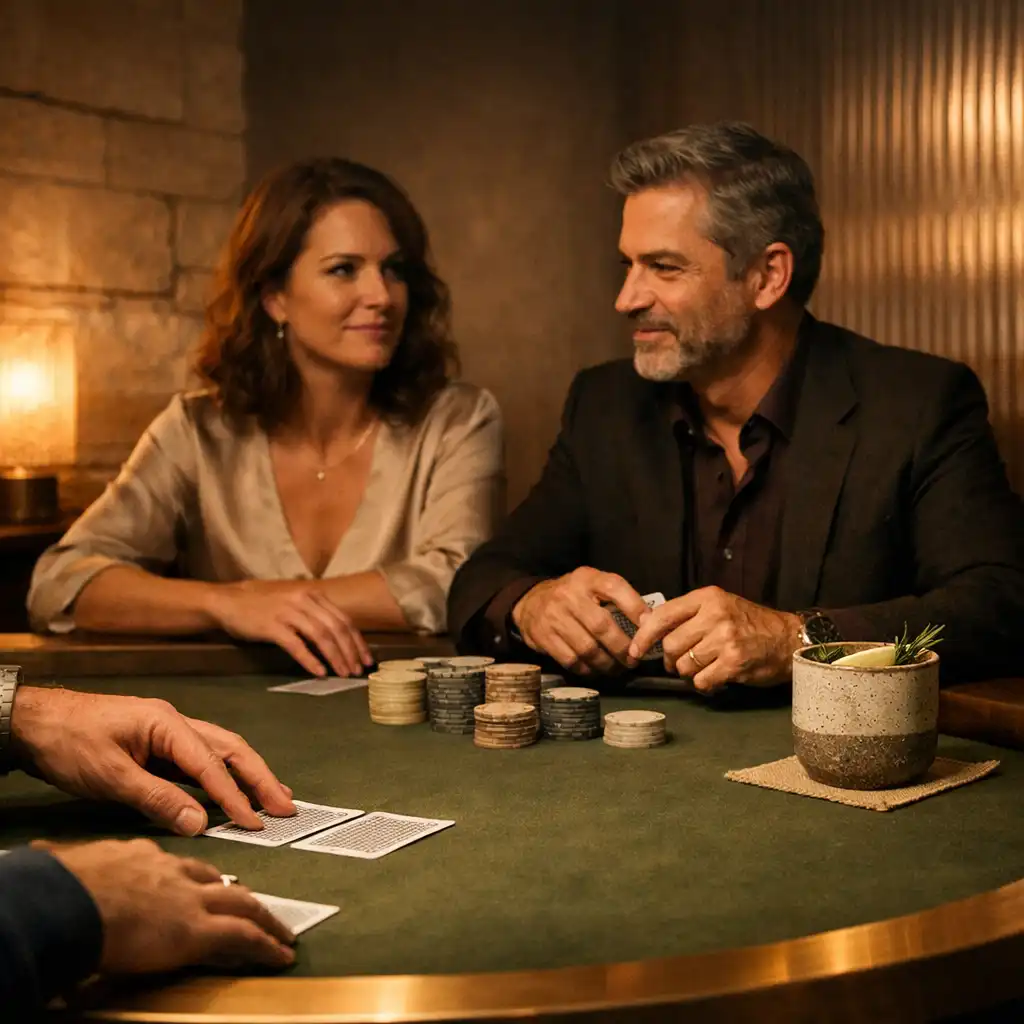 Guests handling physical cards across an olive felt poker table in Jogo Dourado’s Card Lounge.